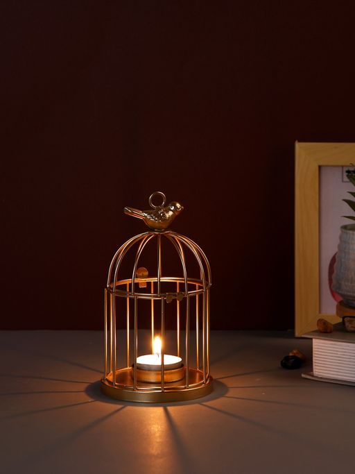 Tayhaa Gold Birdcage Tea Light Holder with Bird Accent