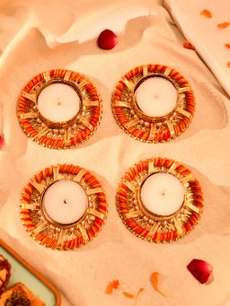 AAPNO RAJASTHAN - Red & Golden Thread Work Decorative Tealight Candle Holders (Pack of 4)