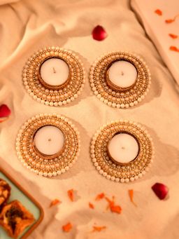 AAPNO RAJASTHAN - Layered Pearl & Golden Bead Decorative Tealight Candle Holders (Pack of 4)