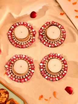 AAPNO RAJASTHAN - Pink Floral Embellished Decorative Tealight Candle Holders (Pack of 4)