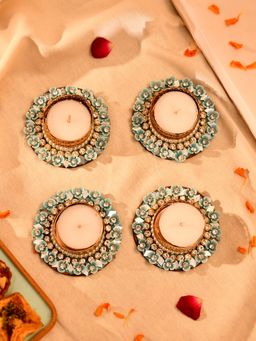 AAPNO RAJASTHAN - Teal Floral Embellished Decorative Tealight Candle Holders (Pack of 4)