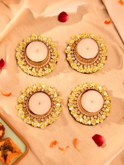 AAPNO RAJASTHAN - Yellow Floral Embellished Decorative Tealight Candle Holders (Pack of 4)