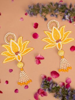 THE ZAPPY BOX - Beaded Lotus Shubh Labh Wall Hanging Yellow (Pack of 2)