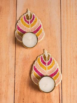 THE ZAPPY BOX - Leaf T-Light Candle Holders Pink and Gold, Fabric Diwali Decor (Pack of 2)