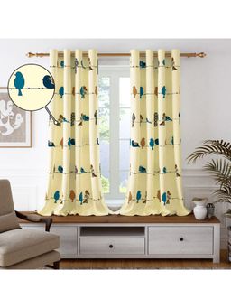 Story@Home - 100% Cotton Bird Pattern Window Curtains 5 Ft, Pale Yellow & Blue