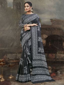 Odette - Womens Cotton Blend Black Printed Saree with Unstitched Blouse