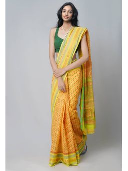 Unnati Silks - Yellow Pure Mangalgiri Hand Block Printed Cotton Saree with Unstitched Blouse