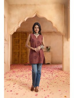 PANCHRANGA - Brown Sleeveless Hand Block Print Cotton Top