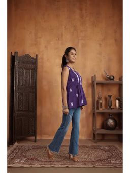 PANCHRANGA - Purple Cotton Slub Hand Chikankari Embroidery Top
