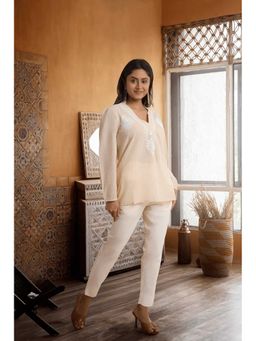 PANCHRANGA - Beige Cotton Slub Hand Chikankari Embroidery Top