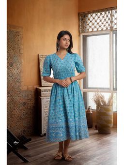 PANCHRANGA - Women Blue Meadow Hand Block Print Cotton Midi Dress