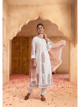 PANCHRANGA - Women White Hand Chikan Embroidery and Placement Block Print Kurta and Dupatta