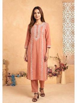 PANCHRANGA - Women Peach Noor Hand Chikankari Cotton Slub Kurta and Pant