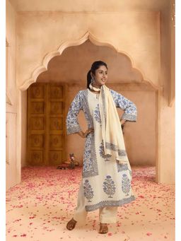 PANCHRANGA - Women Off White Hand Block Placement Print Kurta with Pant and Dupatta
