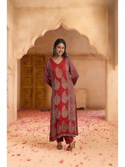 PANCHRANGA - Women Red Hand Ajrakh Placement Print Kurta and Pant