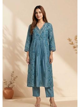 PANCHRANGA - Azure Bloom Handcrafted Chanderi Kurta and Pant