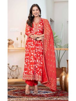 Sindh Fashion - Red Floral Kurta And Pant With Dupatta