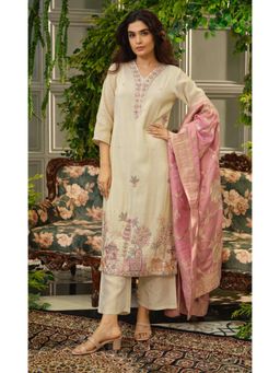 Sindh Fashion - Beige Embroidered Kurta And Pant With Dupatta