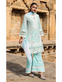 Sindh Fashion - Powder Blue Lace Bloom Kurta And Palazzo With Dupatta