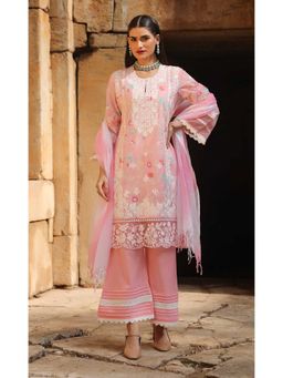 Sindh Fashion - Blush Pink Pearl Embroidered Kurta And Palazzo With Dupatta