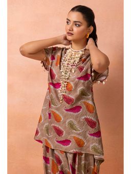 SEW - Soft Brown Abstract Printed Afghani Drape Co Ord Set
