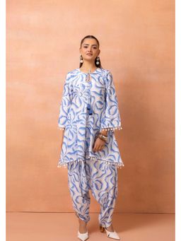SEW - White Abstract Print Kurta And Cowl Dhoti