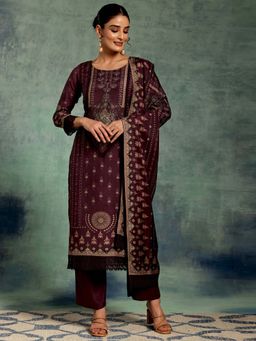 Libas - Women Burgundy Embroidered Kurta with Pant and Dupatta (Set of 3)