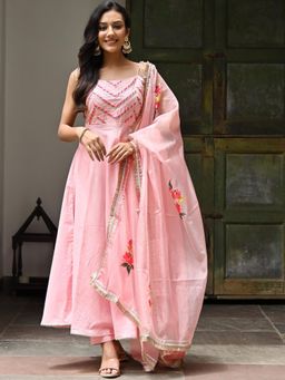Lavanya The Label - Peachy Pink Cotton Anarkali Dupatta (Set of 3)