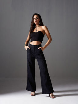 Miss Chase - Womens Black Wide Leg High Rise Stretchable Denim Cargo Jeans