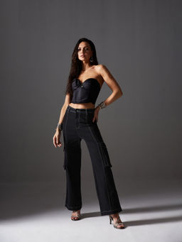 Miss Chase - Womens Black Wide Leg High Rise Stretchable Patch Pocketed Denim Jeans