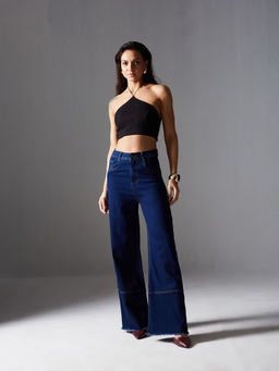 Miss Chase - Womens Navy Blue Wide Leg High Rise Stretchable Denim Jeans