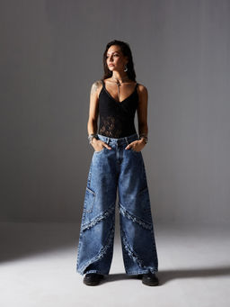Miss Chase - Womens Navy Blue Wide Leg High Rise Regular Length Denim Jeans