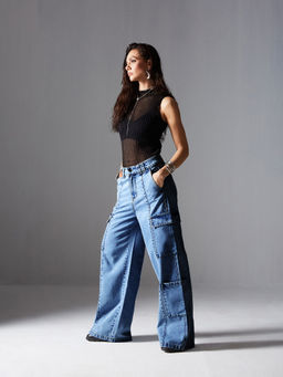 Miss Chase - Womens Light Blue Wide Leg High Rise Regular Denim Pant