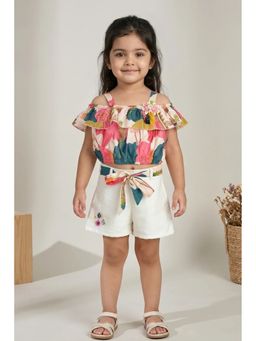 Lagorii - Multicolour Floral Off-Shoulder Top with White Shorts