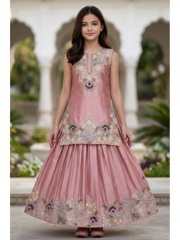 Lagorii - Dusty Pink Embroidered Kurti with Flared Lehenga