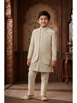 Lagorii - Ivory Embroidered Indo Western Sherwani with Jacket and Pant