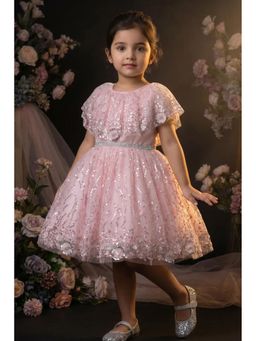 Lagorii - Pink Sequinned Net Party Wear Frock with Floral Embellishment