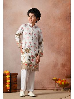 Indi-Loom Couture - Boys White Floral Printed Ethnic Kurta with Pyjama