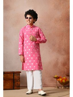 Indi-Loom Couture - Boys Pink Chanderi Jacquard Blazer Kurta with Pyjama