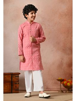 Indi-Loom Couture - Boys Pink Chanderi Booti Blazer Kurta with Pyjama