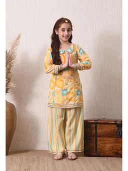 Indi-Loom Couture - Girls Yellow Floral Printed Kurta with Striped Palazzo