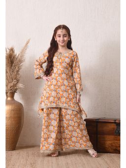 Indi-Loom Couture - Girls Mustard Floral Printed Kurta with Palazzo