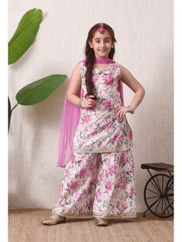 Indi-Loom Couture - Girls White and Pink Floral Printed Kurta with Palazzo and Dupatta