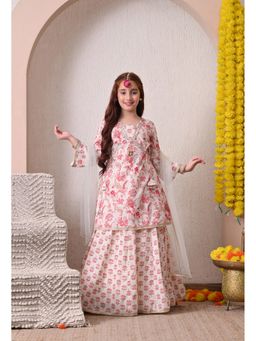 Indi-Loom Couture - Girls Off White Printed Kurta with Lehenga and Dupatta
