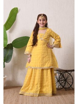 Indi-Loom Couture - Girls Yellow Chanderi Booti Kurta with Lehenga and Dupatta