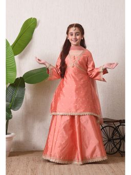 Indi-Loom Couture - Girls Peach Booti Kurta with Lehenga and Dupatta