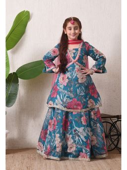 Indi-Loom Couture - Girls Green Printed Kurta with Lehenga and Dupatta