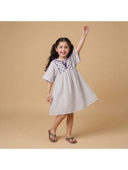 BYB Premium - Beige Girls Embroidered Linen A-Line Dress