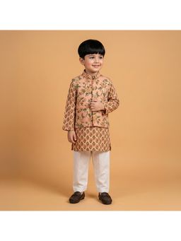 BYB Premium - Peach Boys Cotton Floral Printed Kurta with Nehru Jacket and Pant