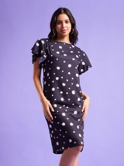 FableStreet - Polka Print Flared Sleeves Dress - Black